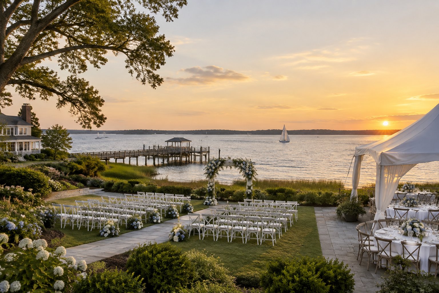 A waterfront wedding venue beside the Chesapeake Bay with decorated ceremony chairs, a floral arch, calm water, sailboats, and a sunset sky.