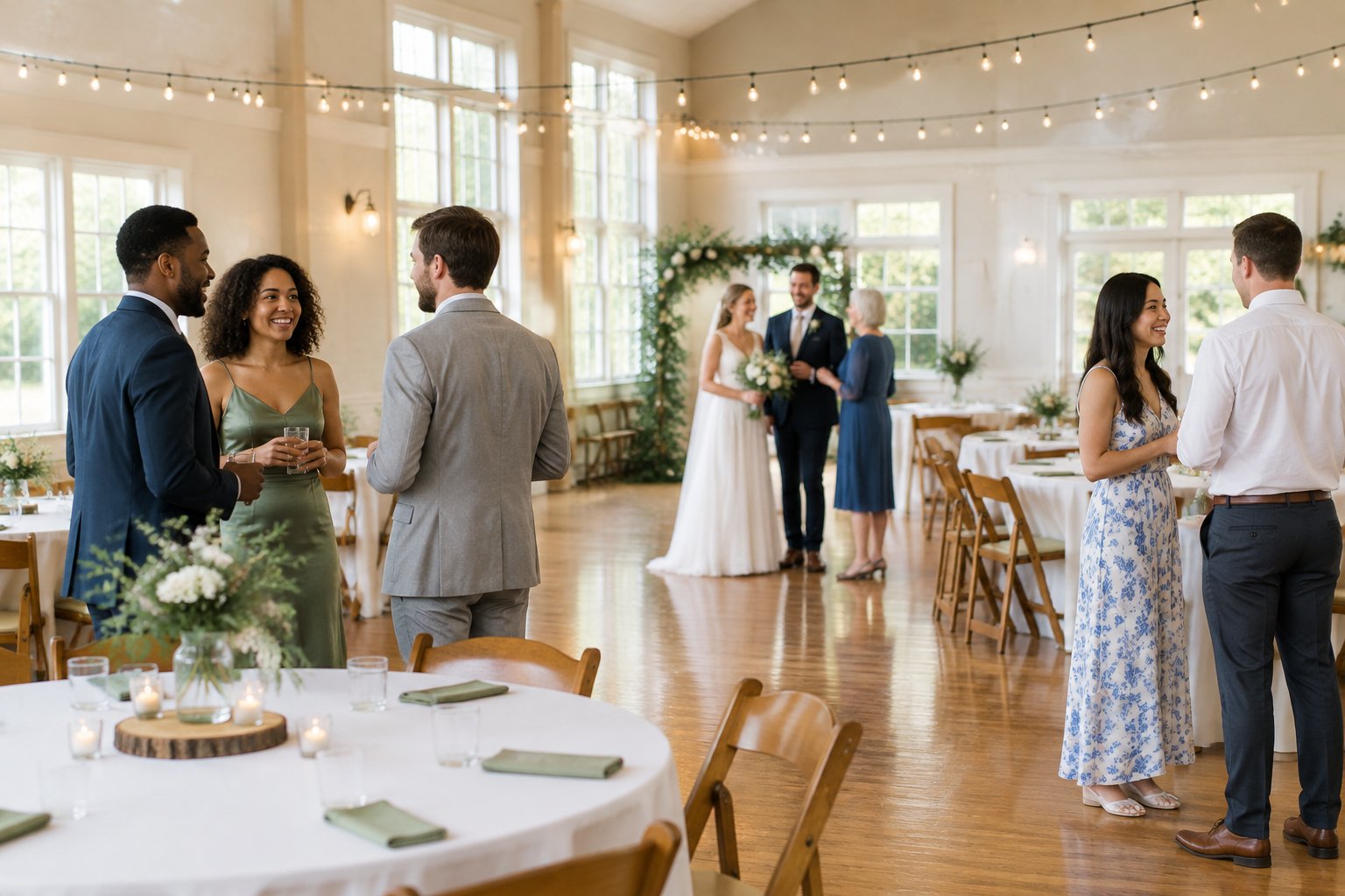 A couple and guests gather at a modest, warmly decorated wedding venue in Quincy.