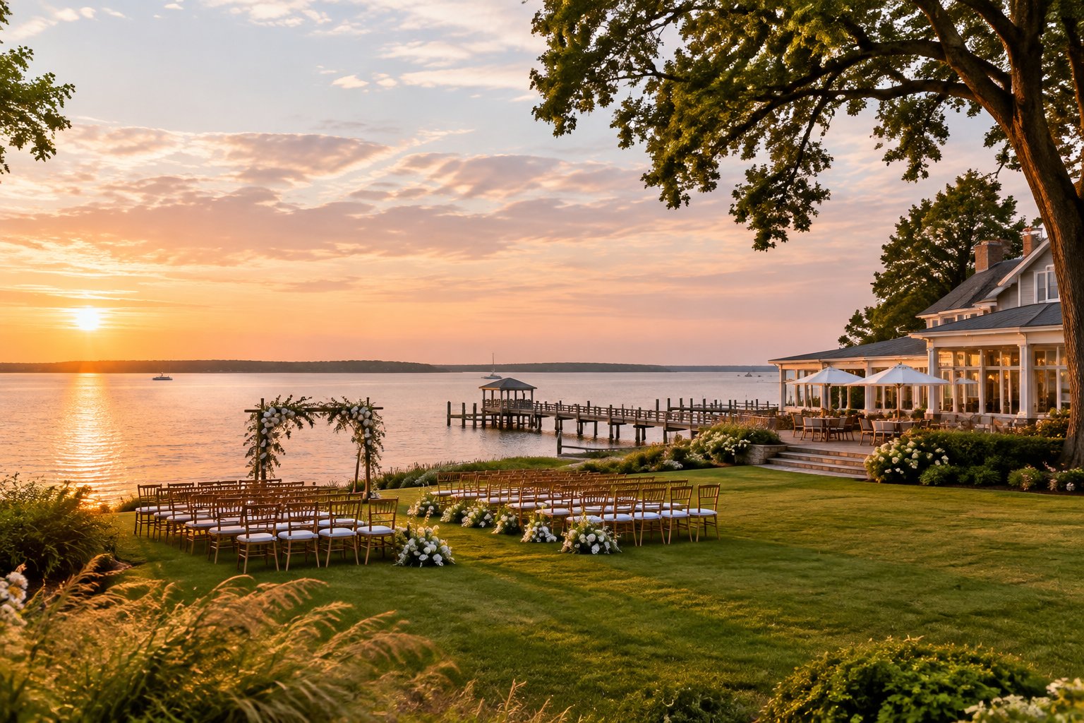 A waterfront wedding venue on the Chesapeake Bay with a decorated ceremony lawn, white chairs, a dock, and calm bay views at sunset.