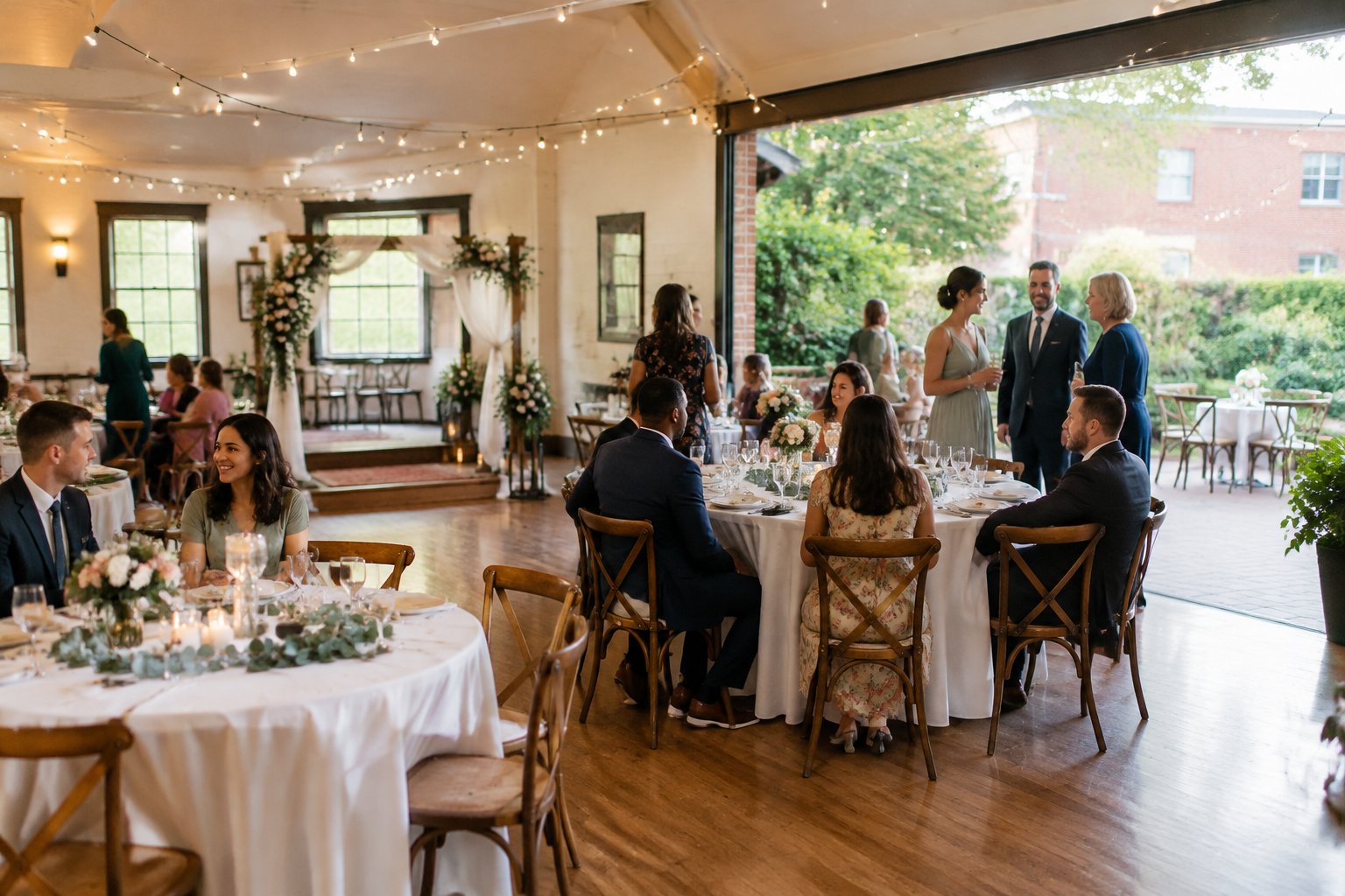 Guests gather at a simple, warmly decorated wedding venue with tables, flowers, and outdoor space.