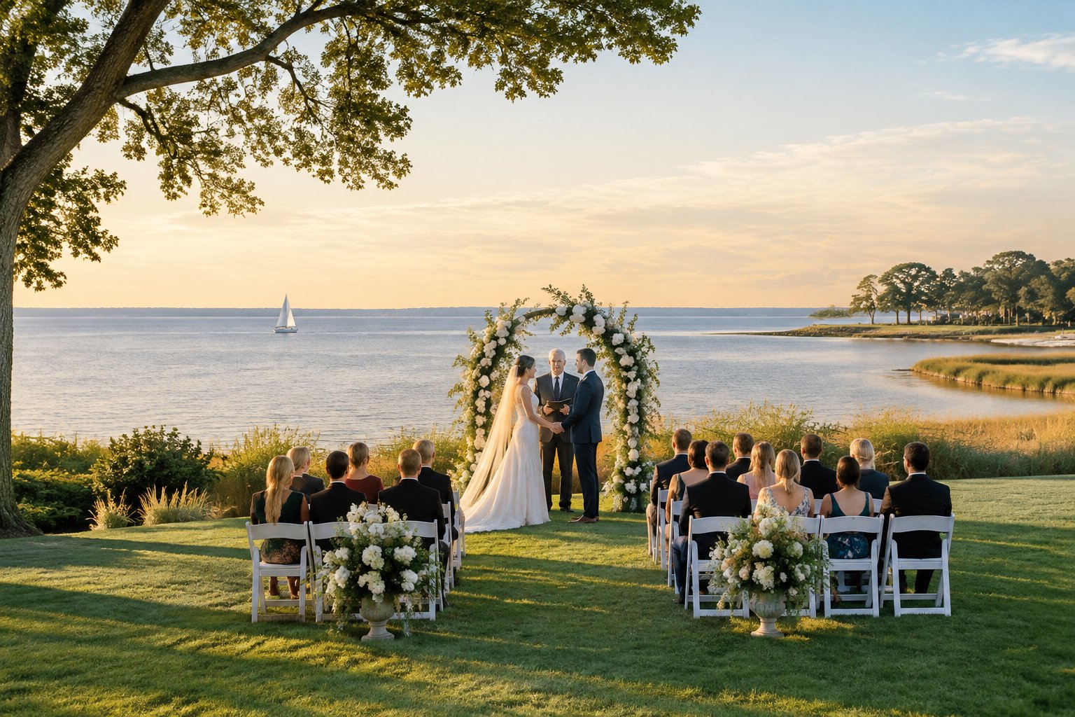 An elegant outdoor wedding ceremony beside the calm waters of the Chesapeake Bay.