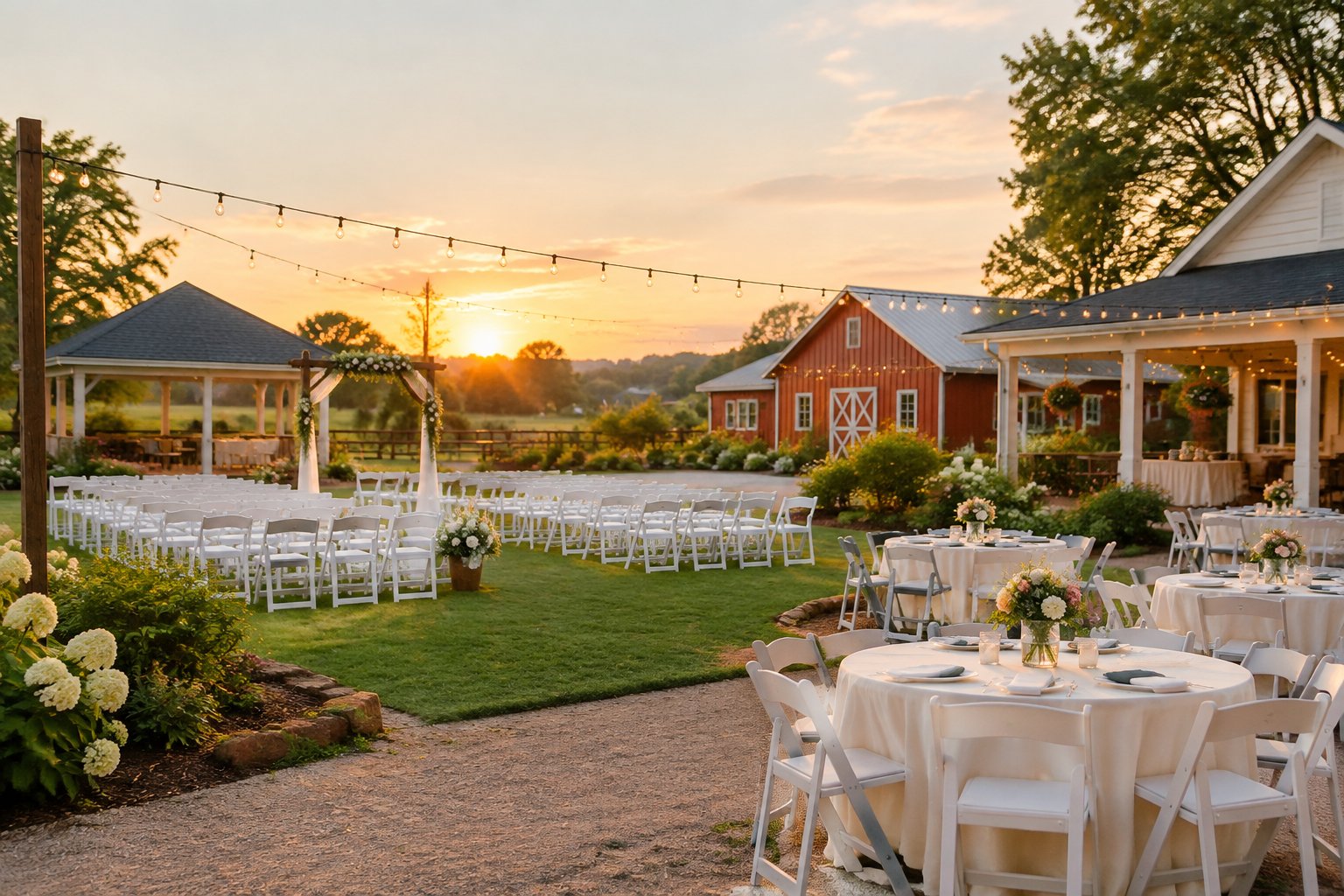 A modest wedding venue with simple decorations, outdoor seating, and nearby alternative event spaces.