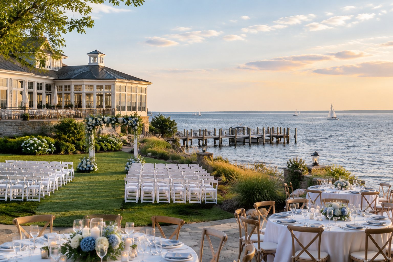 A wedding ceremony setup overlooking the Chesapeake Bay beside an elegant waterfront venue.