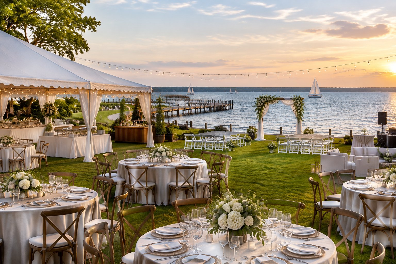 Elegant waterfront wedding reception setup overlooking the Chesapeake Bay.
