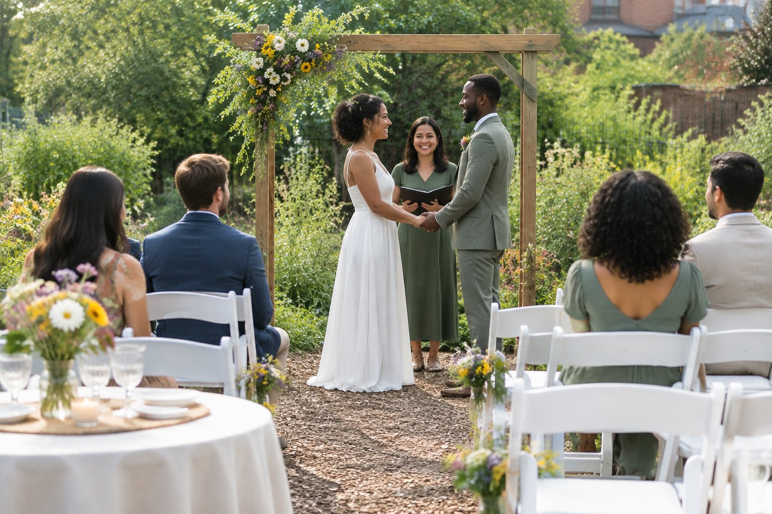 A couple celebrates with guests at a simple outdoor wedding venue decorated with chairs, flowers, and a small arbor.