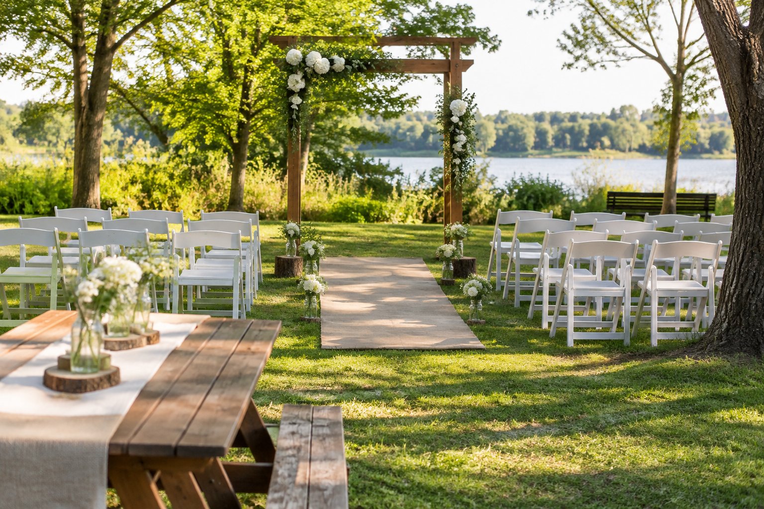 A small outdoor wedding ceremony in a modest garden with simple decorations and folding chairs.