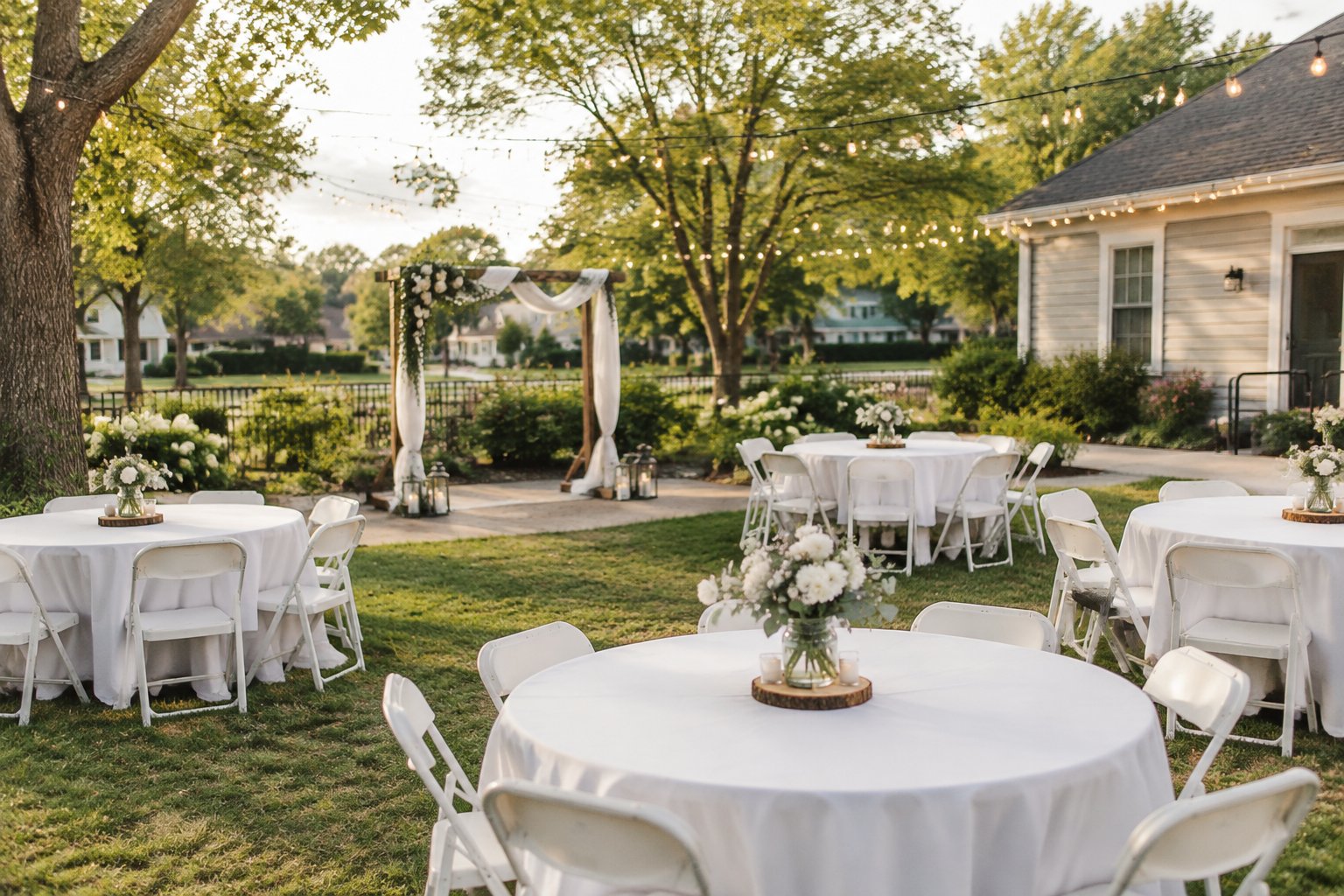 A modest garden wedding venue arranged with simple tables, chairs, flowers, and string lights.