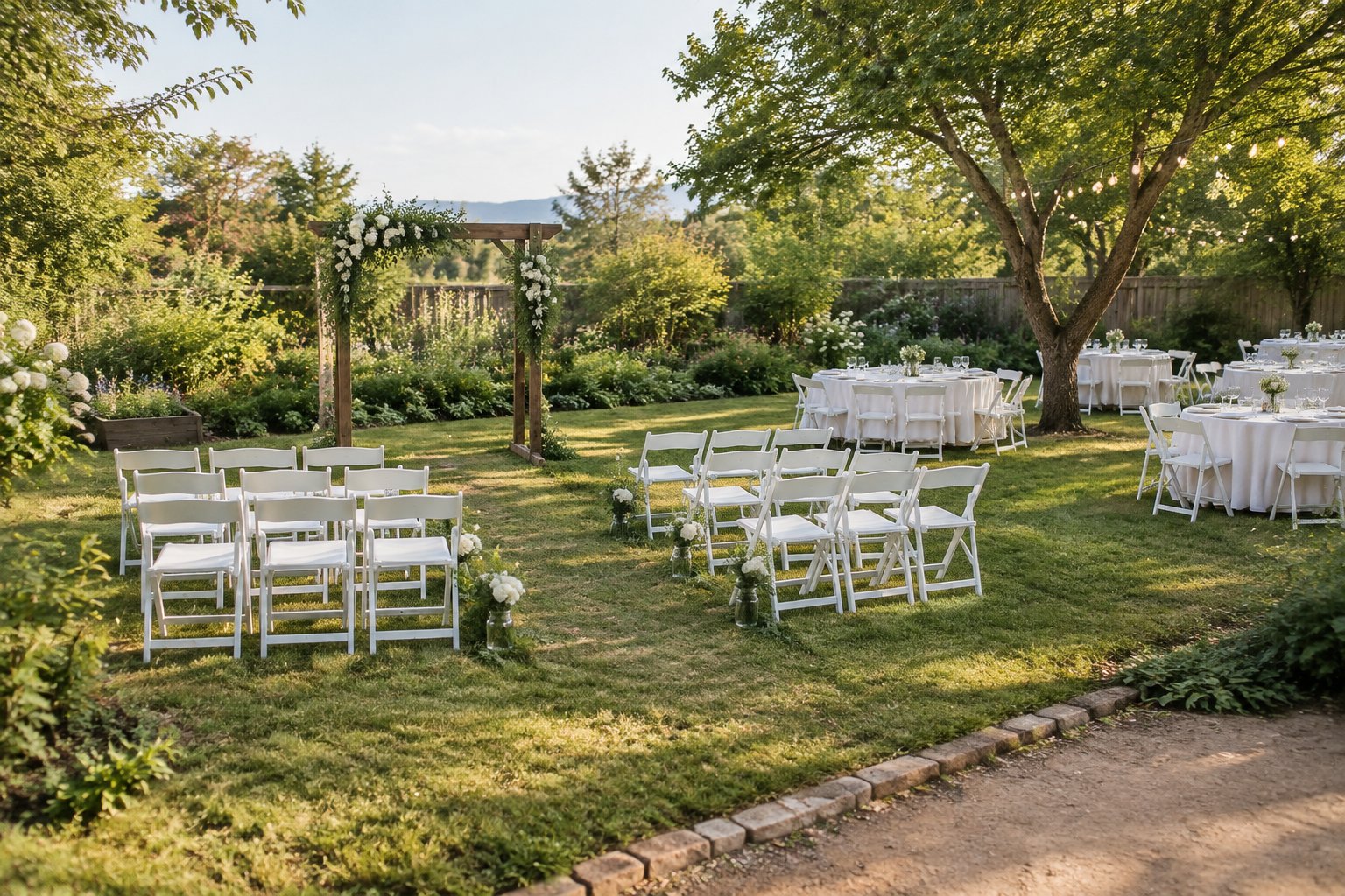 A small outdoor wedding setup in a garden with simple chairs, a flower-decorated arch, and modest reception tables.