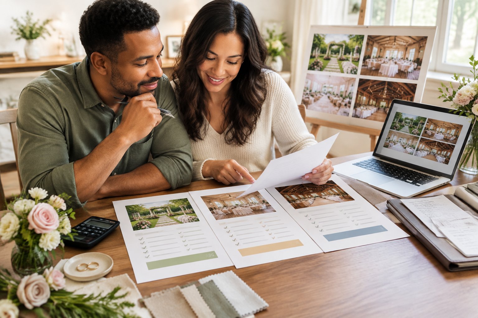 A couple compares wedding venue proposals and costs at a table with a calculator, receipts, and wedding planning materials.