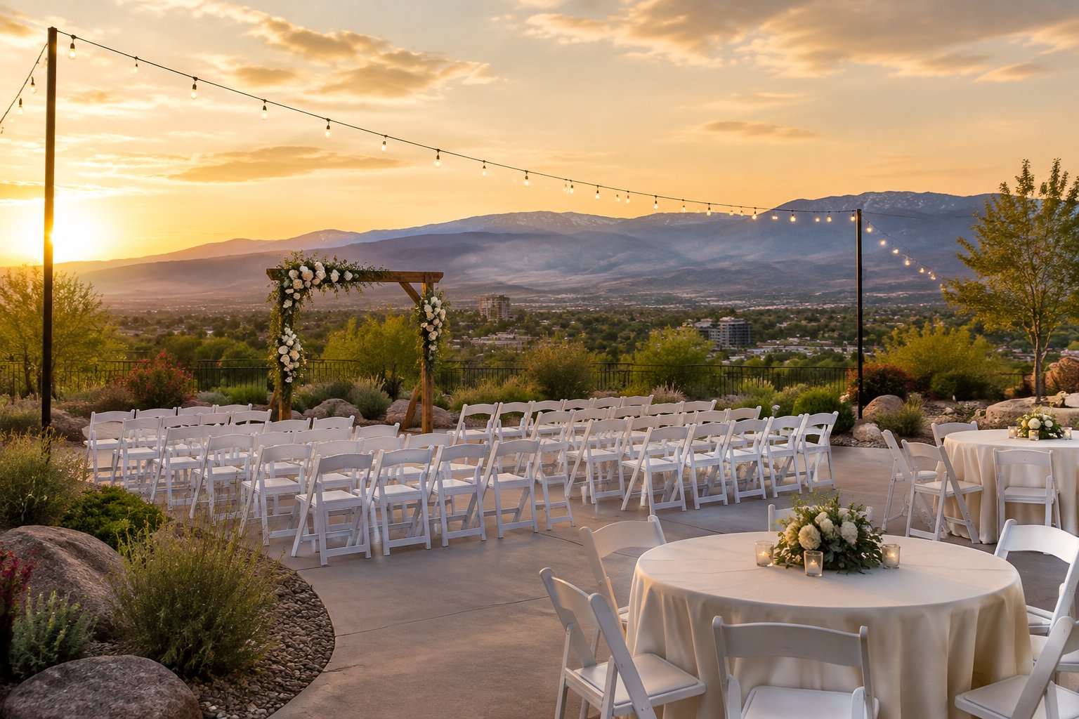 An affordable wedding venue with simple decorations, seating, and mountain scenery near Reno.