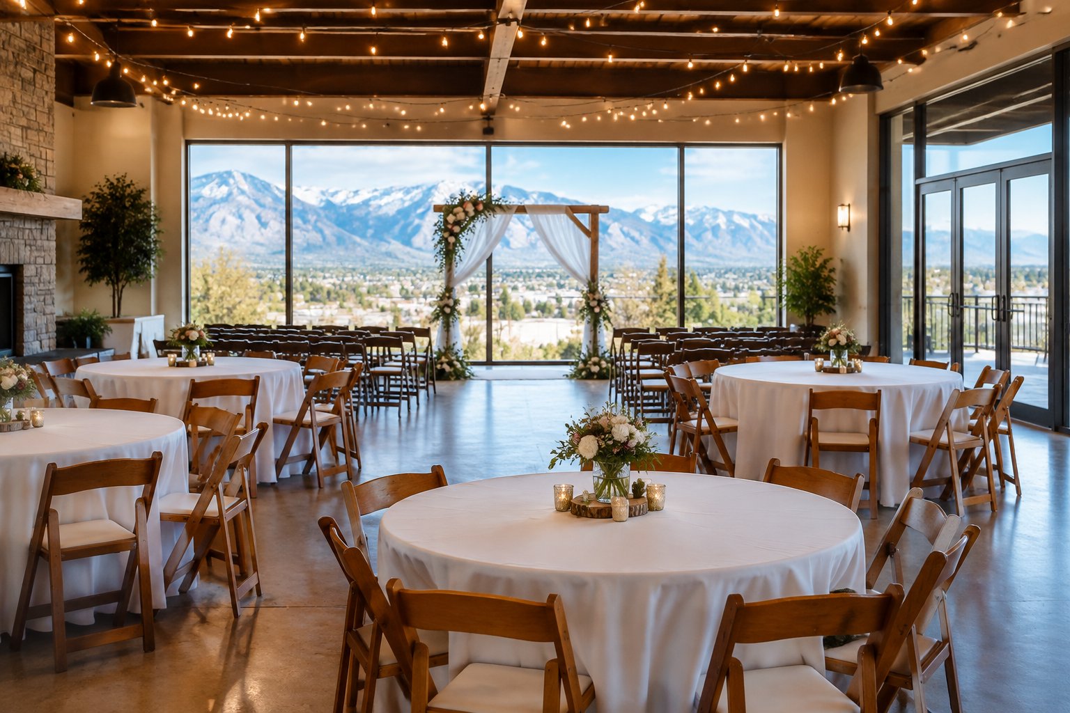 A modest wedding venue in Reno decorated with simple tables, flowers, string lights, and a ceremony arch.