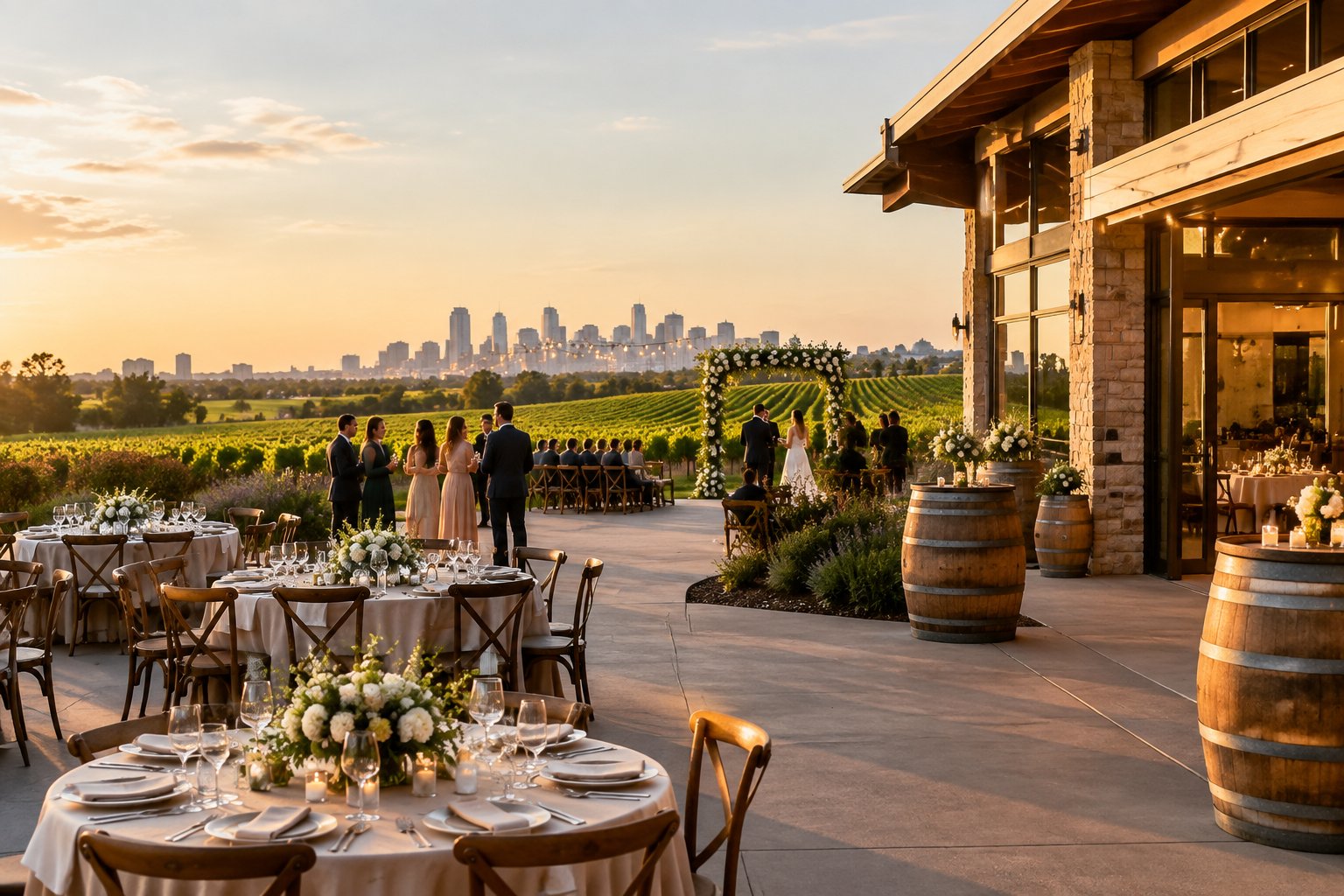 An elegant wedding venue at an urban winery with grapevines, wine barrels, floral arrangements, and beautifully set reception tables.