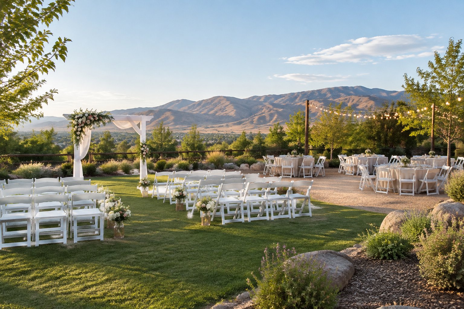 A simple outdoor wedding ceremony and reception setup in a landscaped park with mountains in the background.