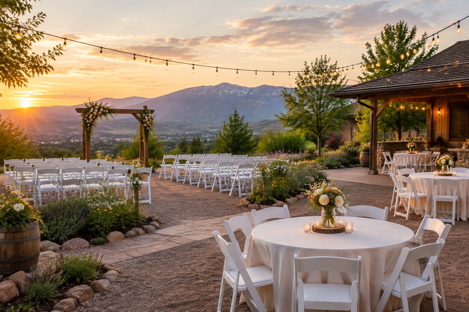 An intimate outdoor wedding venue with simple decorations, seating, and a mountain landscape near Reno.
