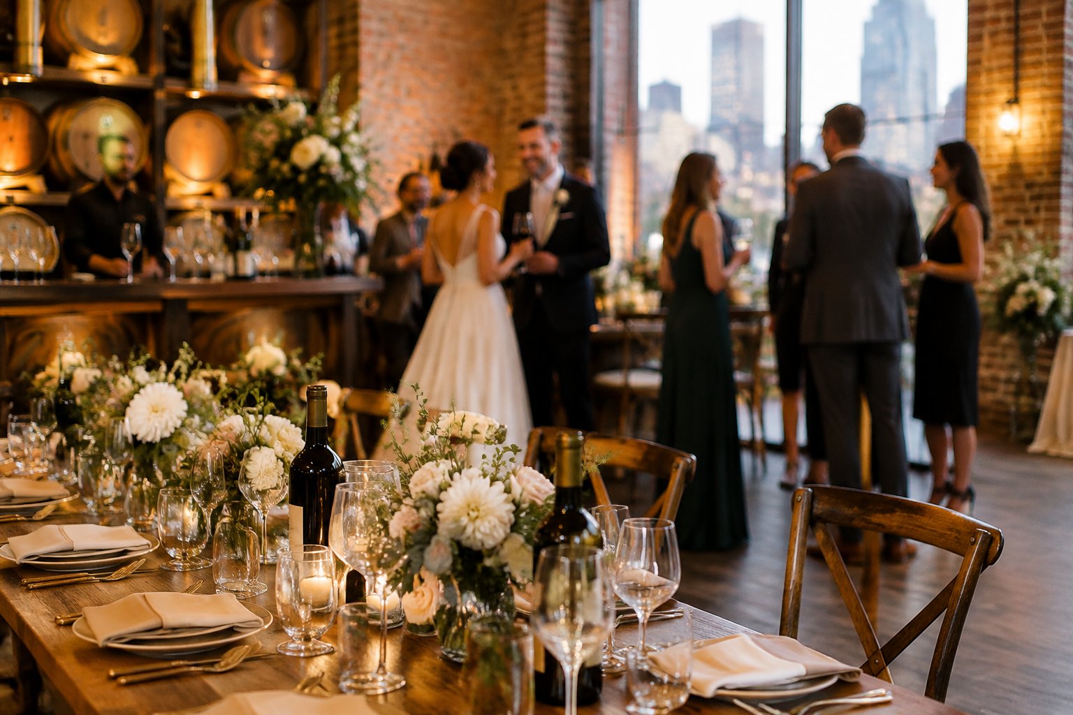 An elegant wedding reception inside a stylish urban winery venue with decorated tables, wine glasses, floral centerpieces, and guests celebrating.
