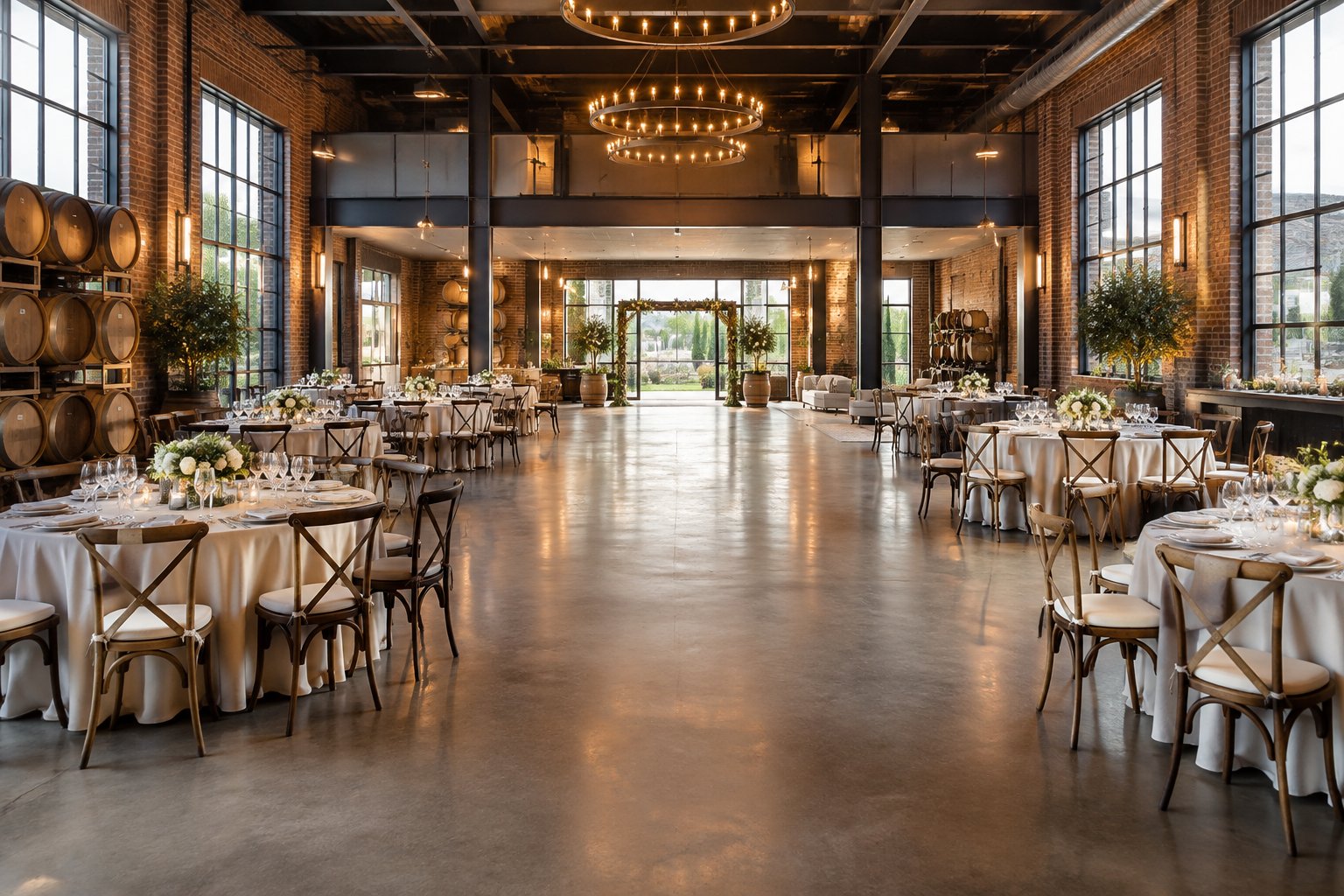 A spacious urban winery wedding venue arranged with round tables, floral centerpieces, and an open area for guests.