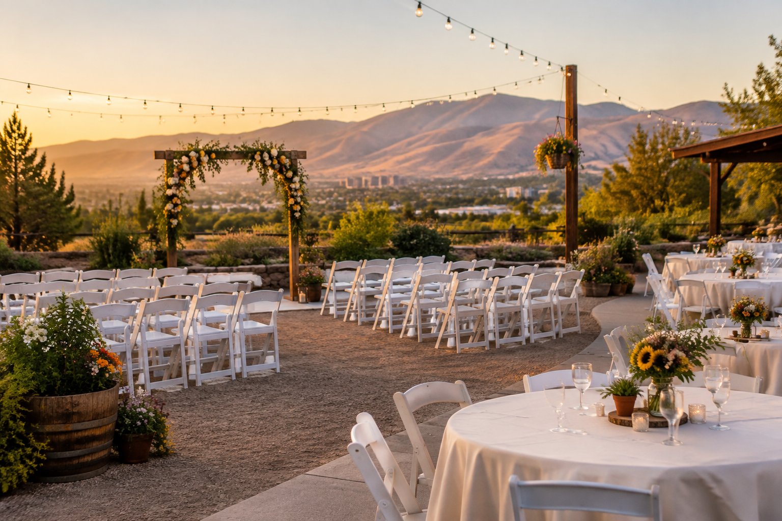 An elegant outdoor wedding ceremony setup at an affordable venue with simple chairs, greenery, and mountain scenery.