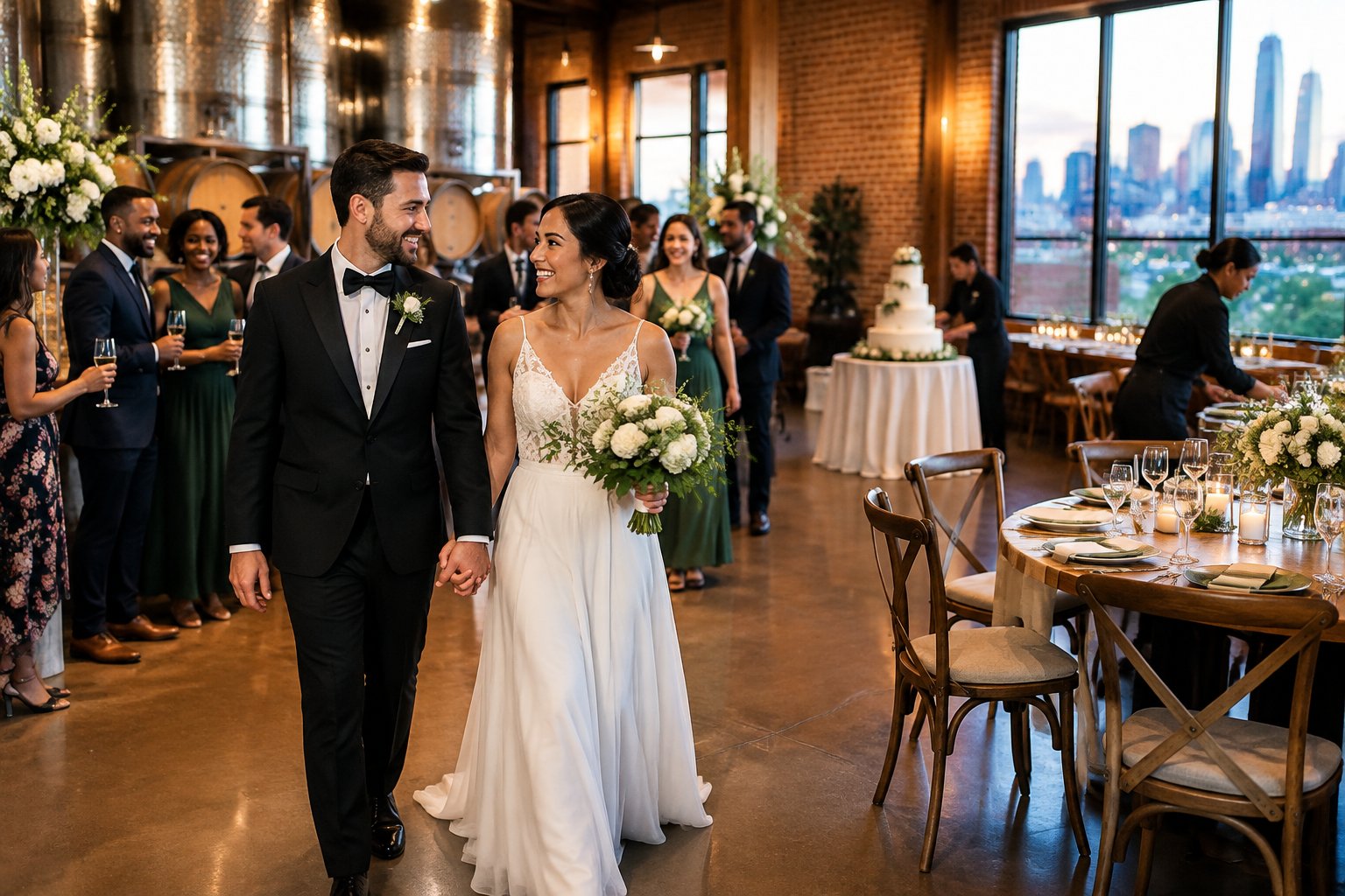 A newlywed couple walks through an elegant city winery venue as guests gather for the reception.