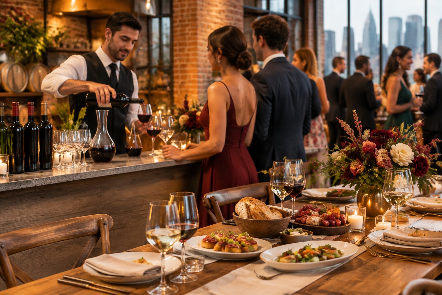 Wedding guests enjoy gourmet food and wine service at an elegant urban winery venue.