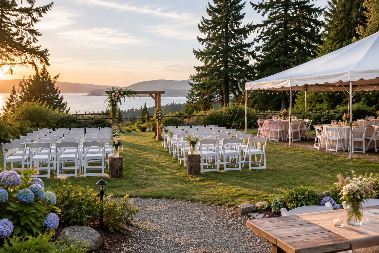 A simple outdoor wedding ceremony setup at a scenic Vancouver Island venue surrounded by evergreen trees.