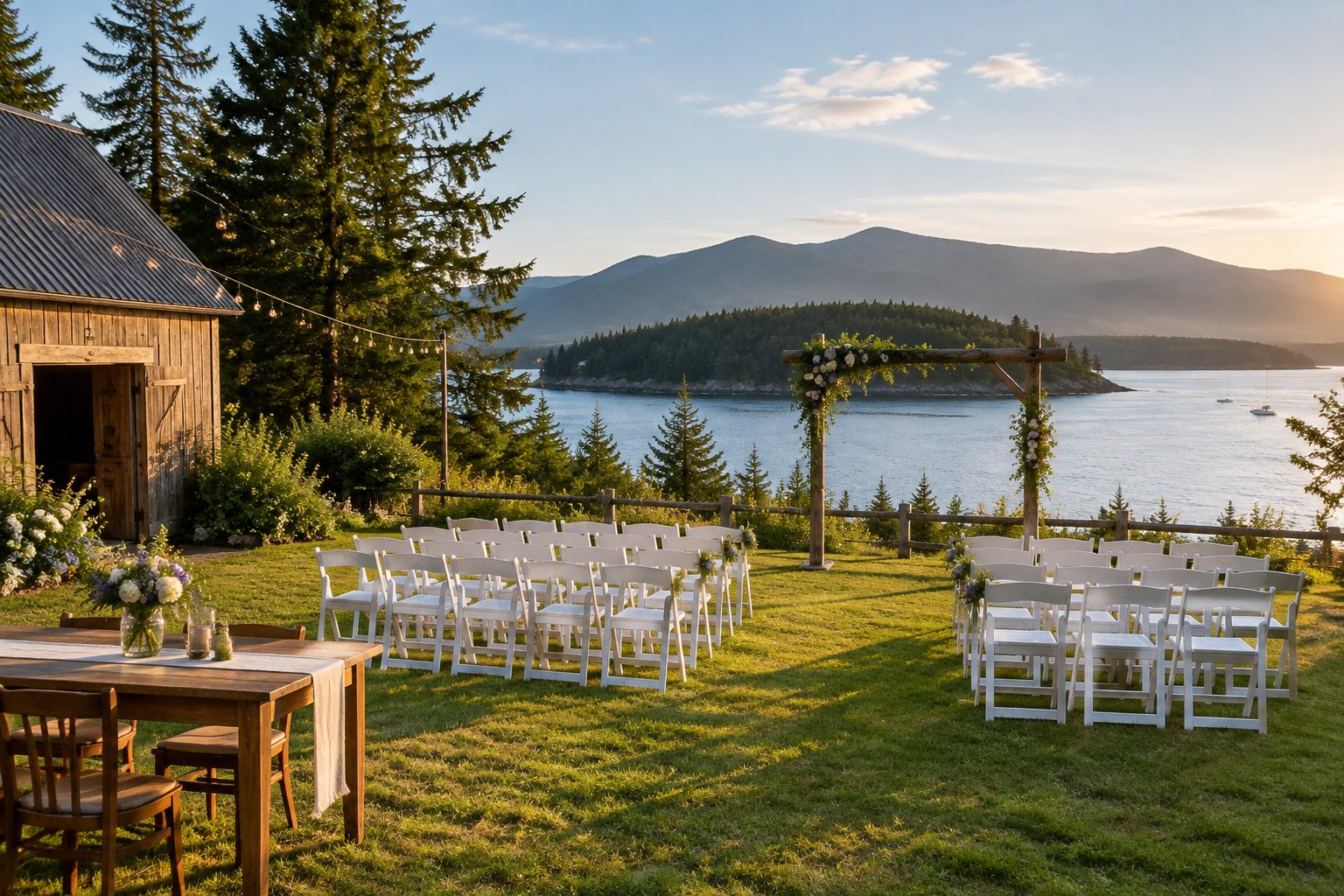 A modest waterfront wedding venue surrounded by evergreen trees, with simple chairs, a floral arbor, and distant mountains.
