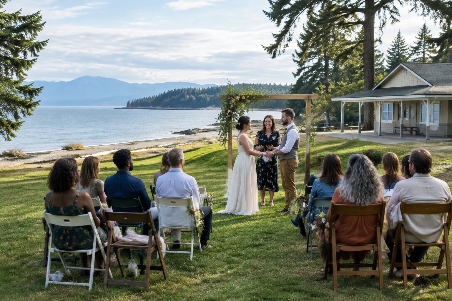 A small wedding ceremony in a coastal park with folding chairs, a simple floral arch, and a beach and community hall nearby.