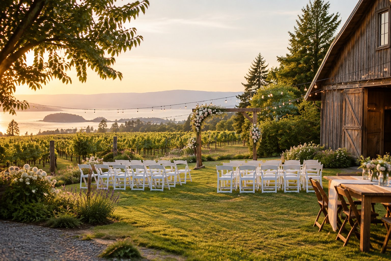 A simple outdoor wedding ceremony setup beside a rustic barn, surrounded by gardens and vineyard rows.