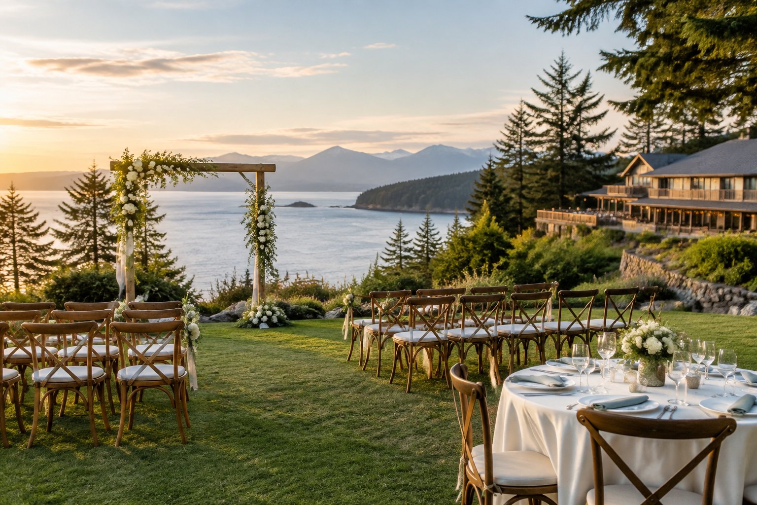 A modest outdoor wedding setup overlooking the ocean, with evergreen trees, mountains, and a hotel in the background.