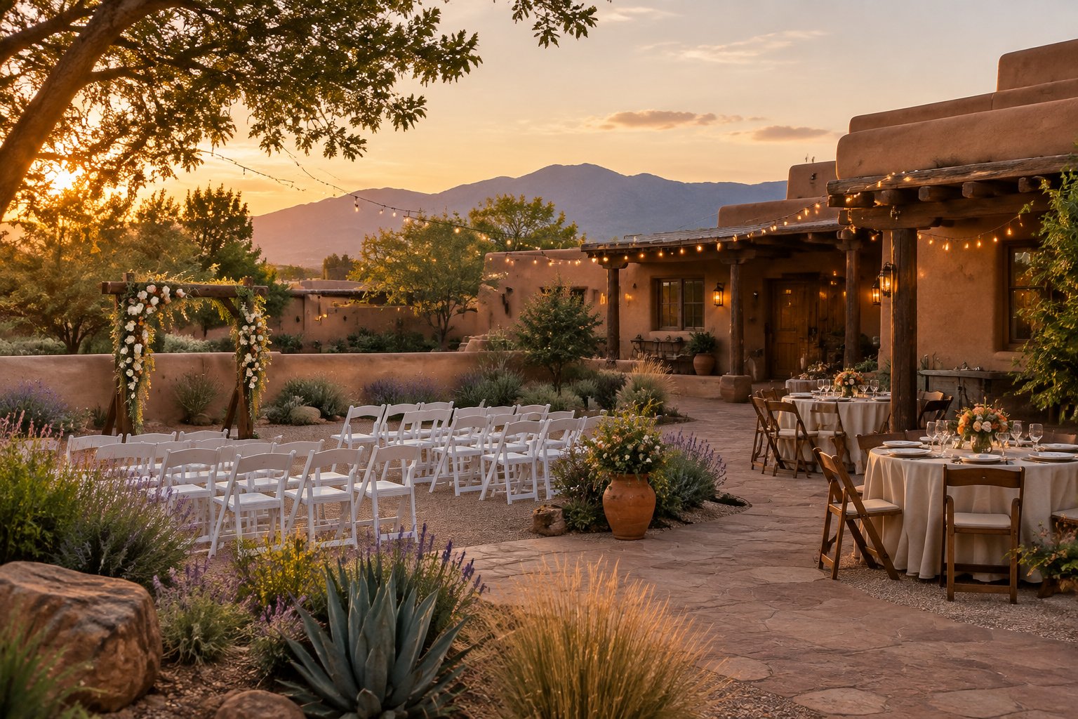 A charming adobe wedding venue with a courtyard, simple ceremony seating, desert plants, and warm evening light.