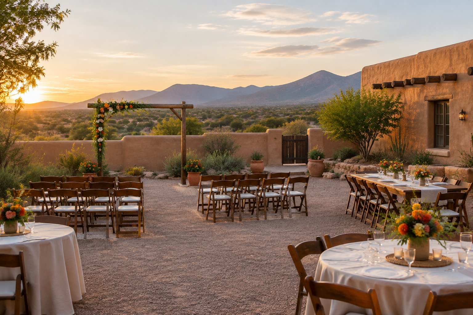 An intimate wedding ceremony setup in a modest Santa Fe adobe courtyard with desert landscaping and mountain views.