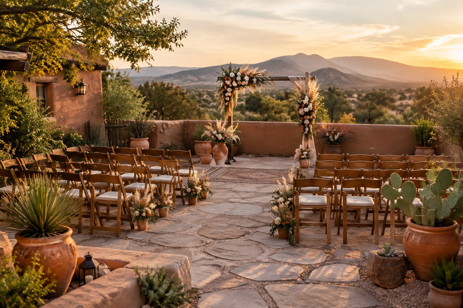 An intimate outdoor wedding ceremony setup in a Southwestern courtyard with wooden chairs, flowers, and desert plants.