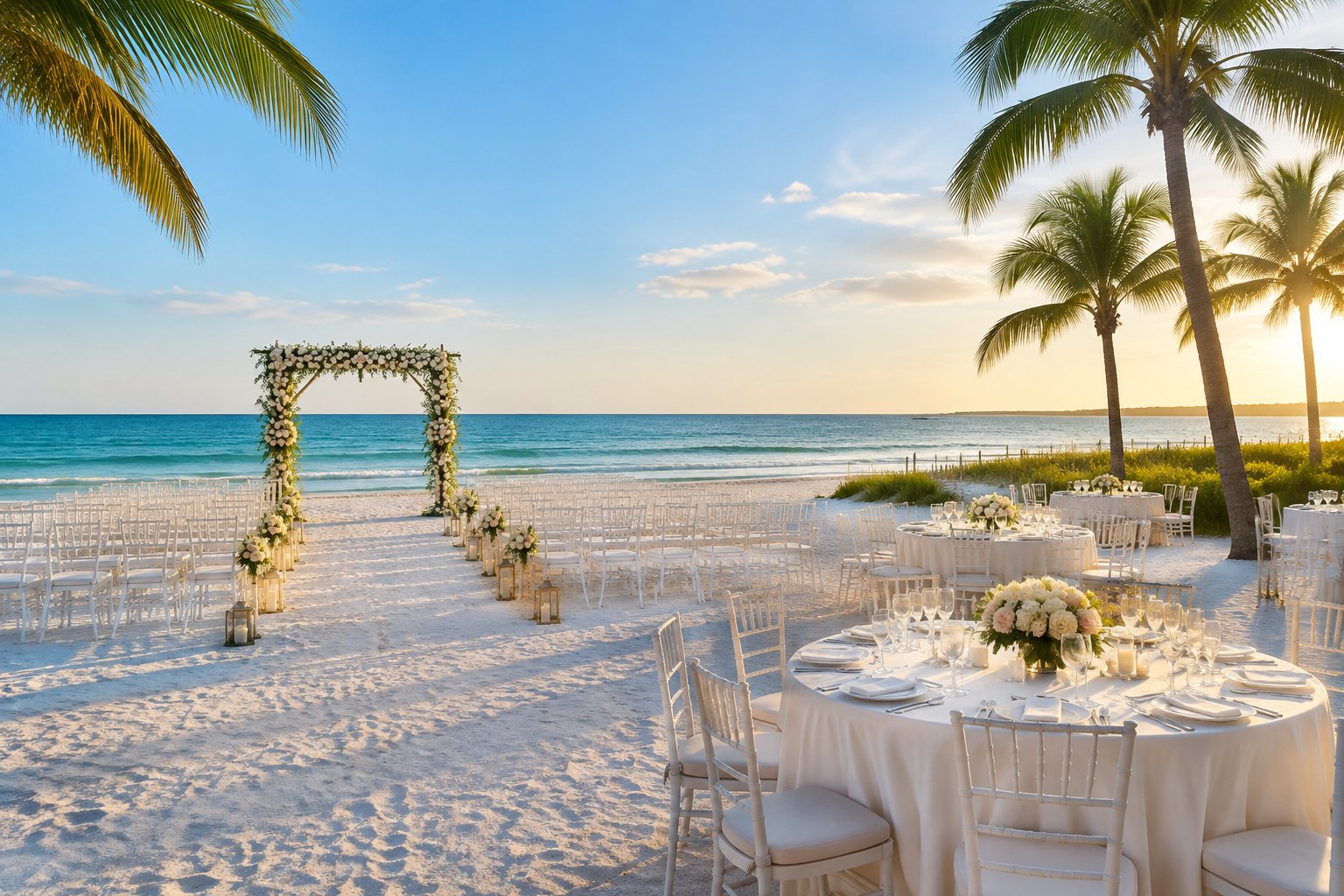 Elegant wedding ceremony setup on a sandy Clearwater Beach overlooking turquoise water.