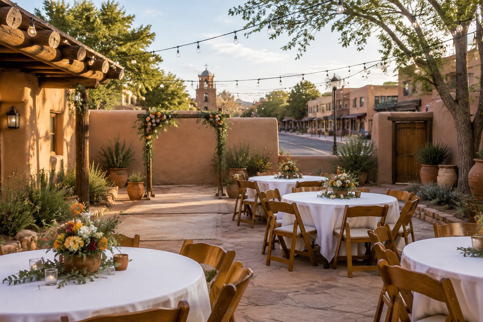 A modest adobe courtyard wedding venue with simple tables, chairs, flowers, and string lights near downtown Santa Fe.