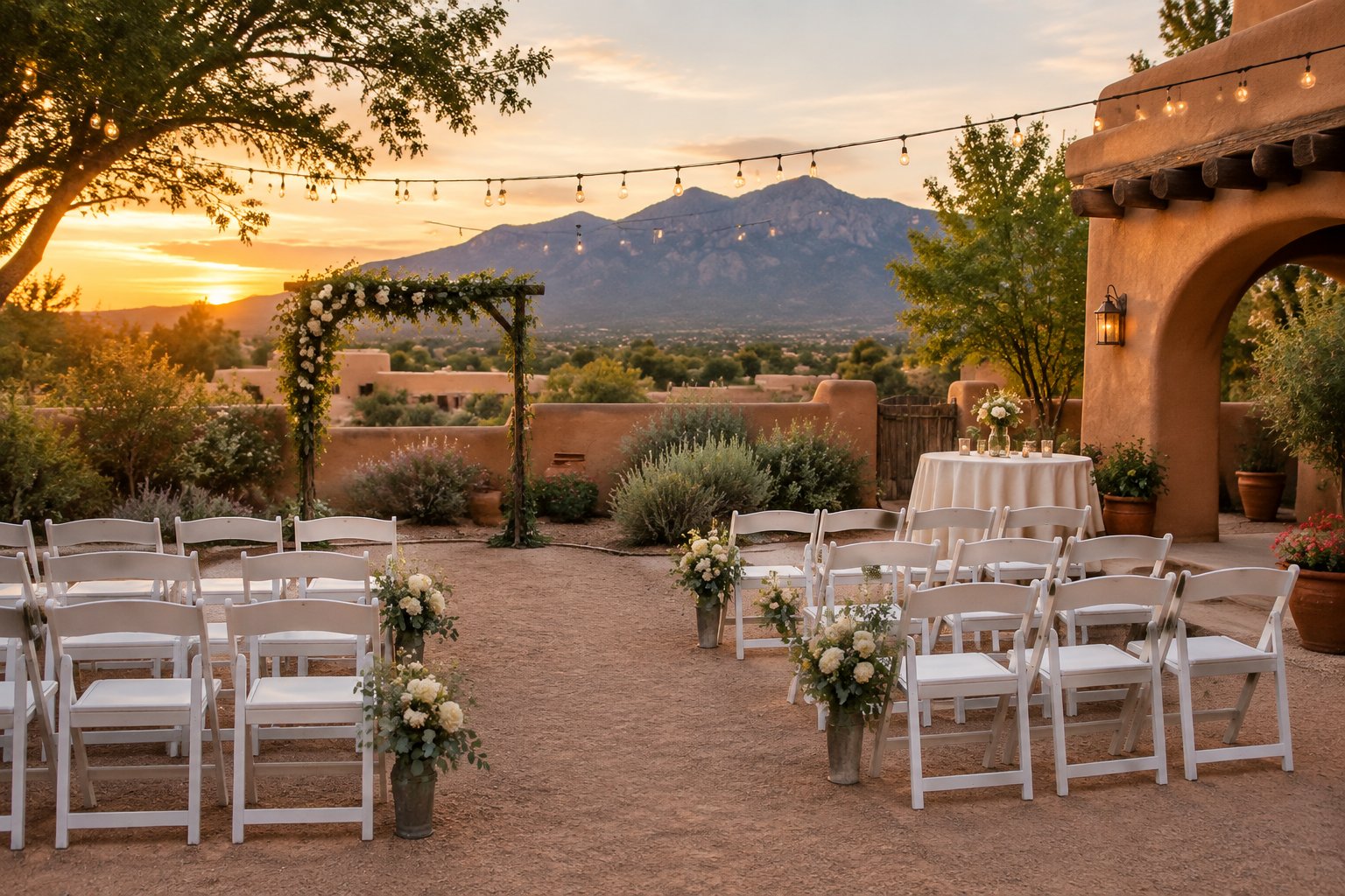 An affordable outdoor wedding setup in a Santa Fe adobe courtyard with simple chairs, flowers, string lights, and desert landscaping.
