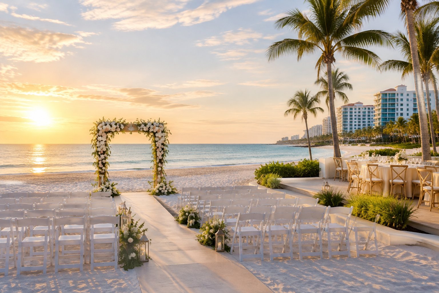An elegant outdoor wedding ceremony setup on a sunny Clearwater beach beside the Gulf of Mexico.