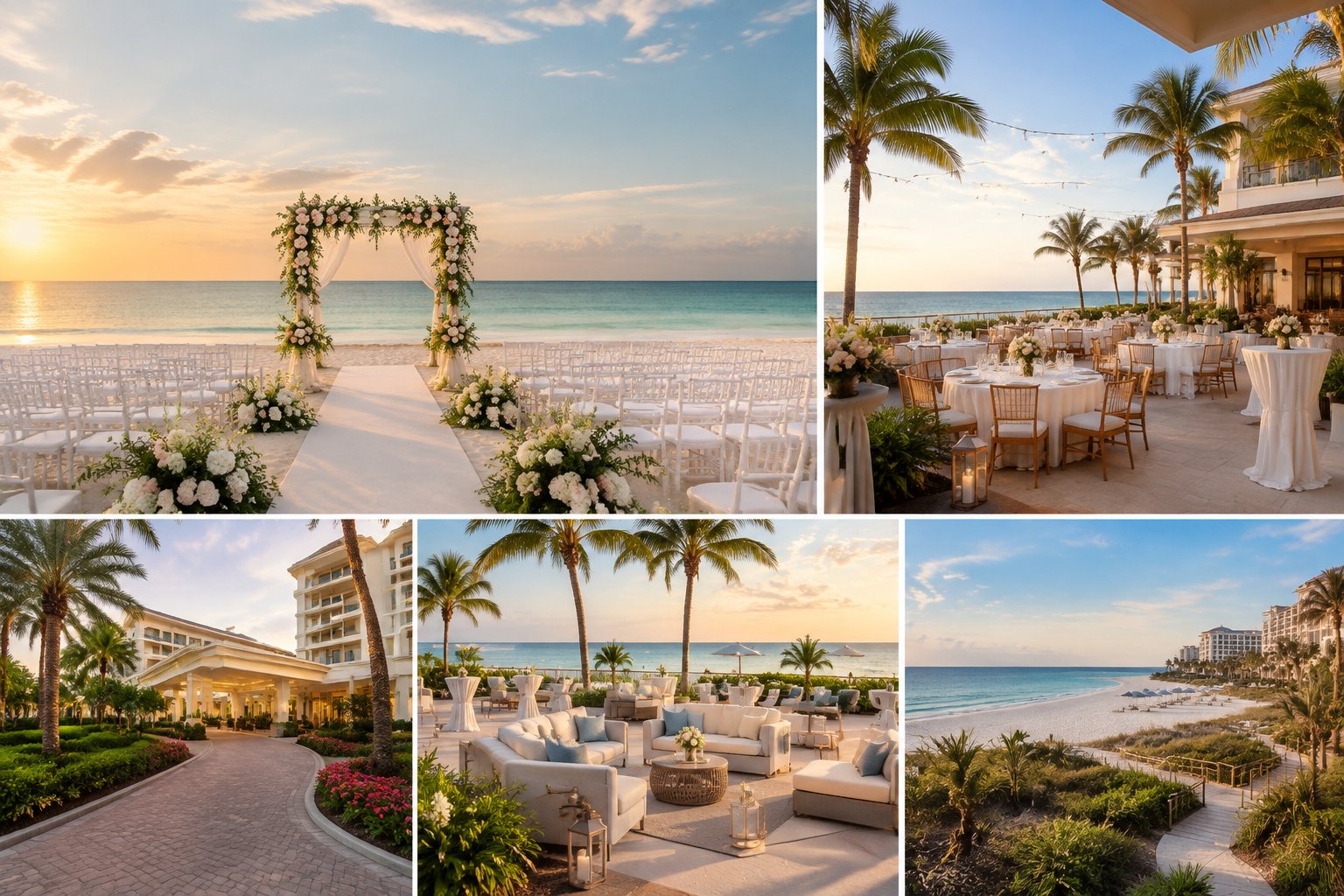 An elegant beachfront resort wedding venue with white seating, floral arrangements, palm trees, and a reception terrace overlooking the sea.