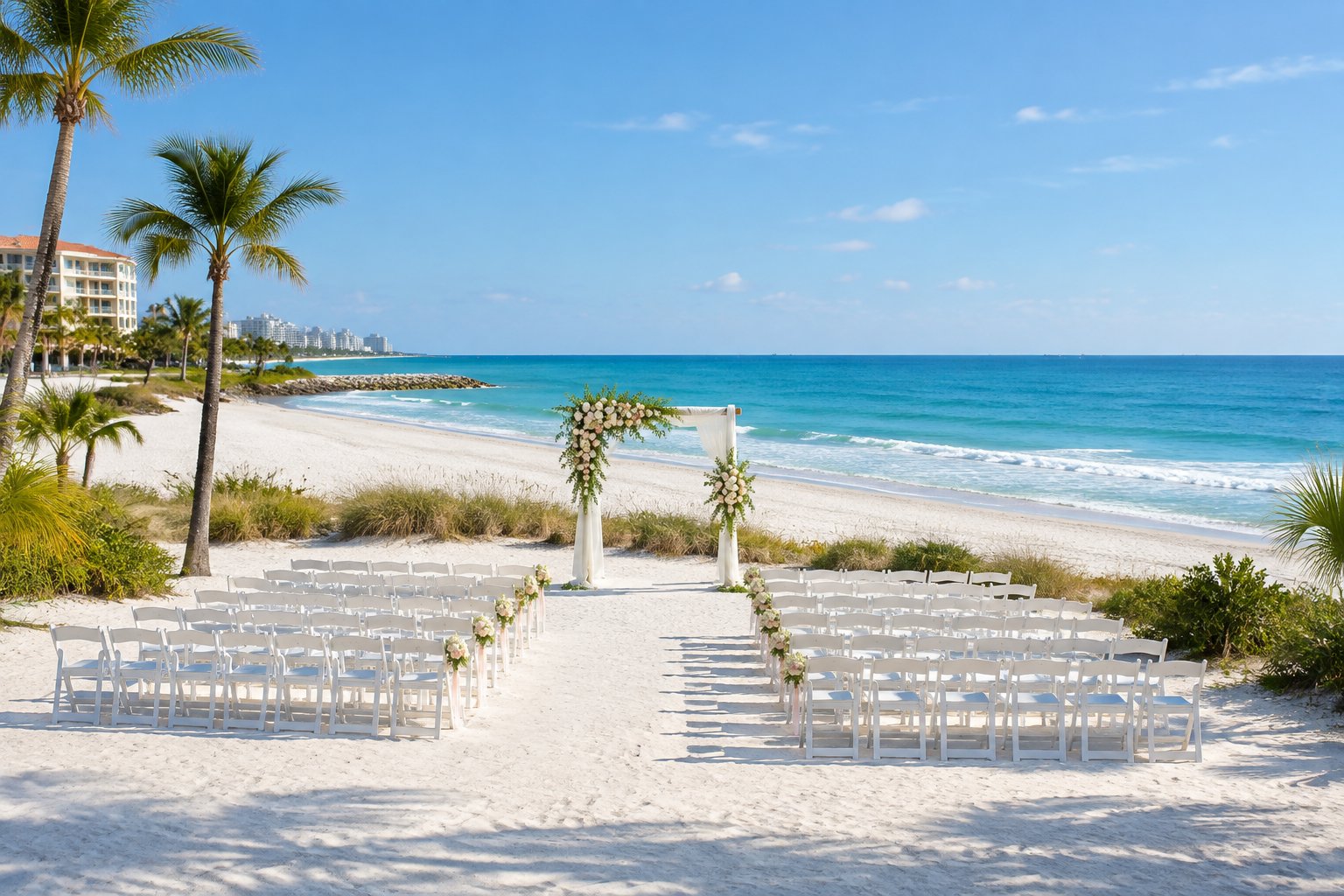An elegant beachfront wedding ceremony setup on Clearwater Beach with white chairs, a floral arch, sandy shore, and turquoise water.