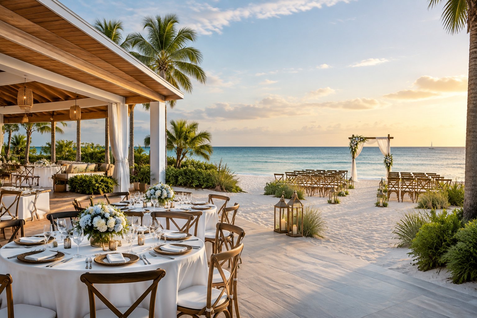 Elegant beachfront wedding setup beside a modern venue with the ocean in the background.