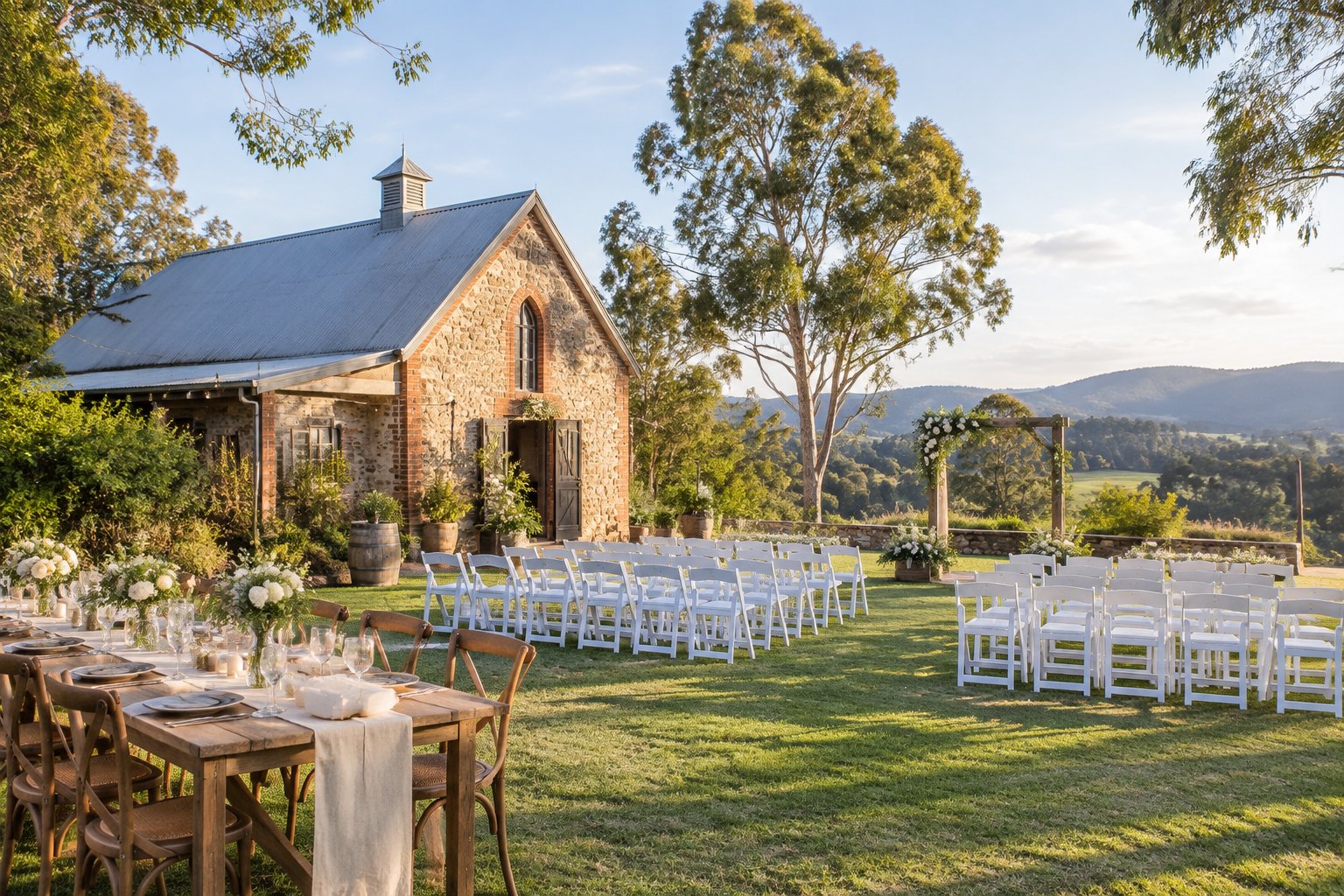 An intimate wedding setup outside a charming venue with simple decorations and green Victorian scenery.