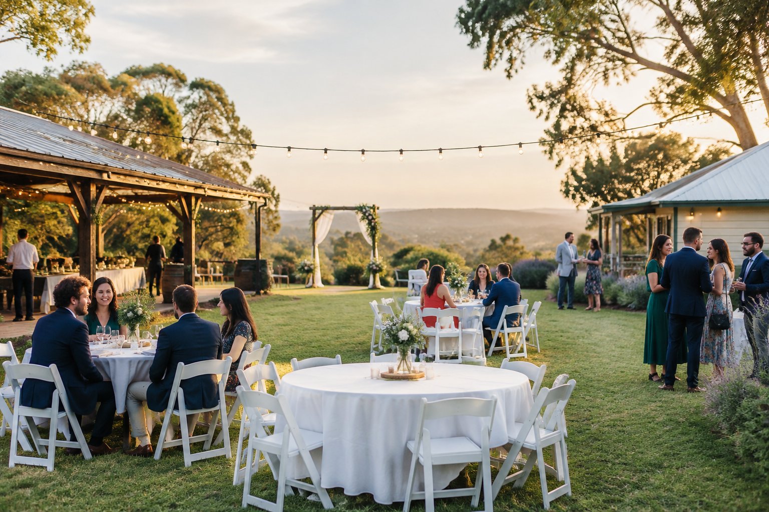 Guests gather at a modest outdoor wedding reception in a landscaped park.