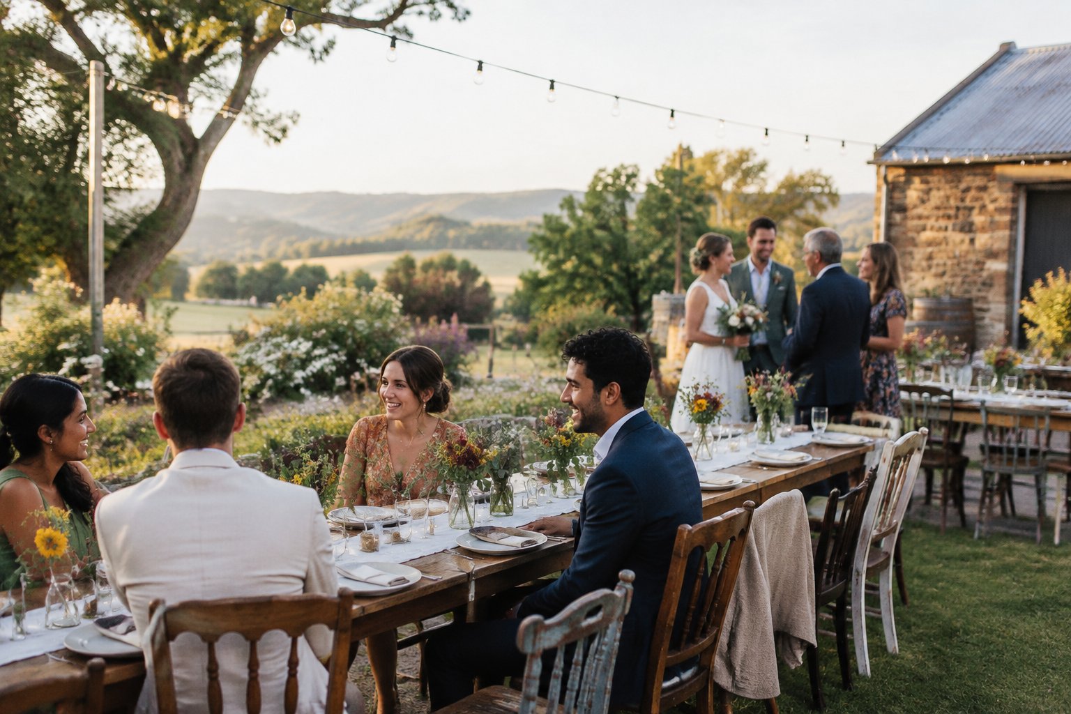 An intimate outdoor wedding reception with simple elegant decorations, warm lighting, and guests enjoying a garden venue.