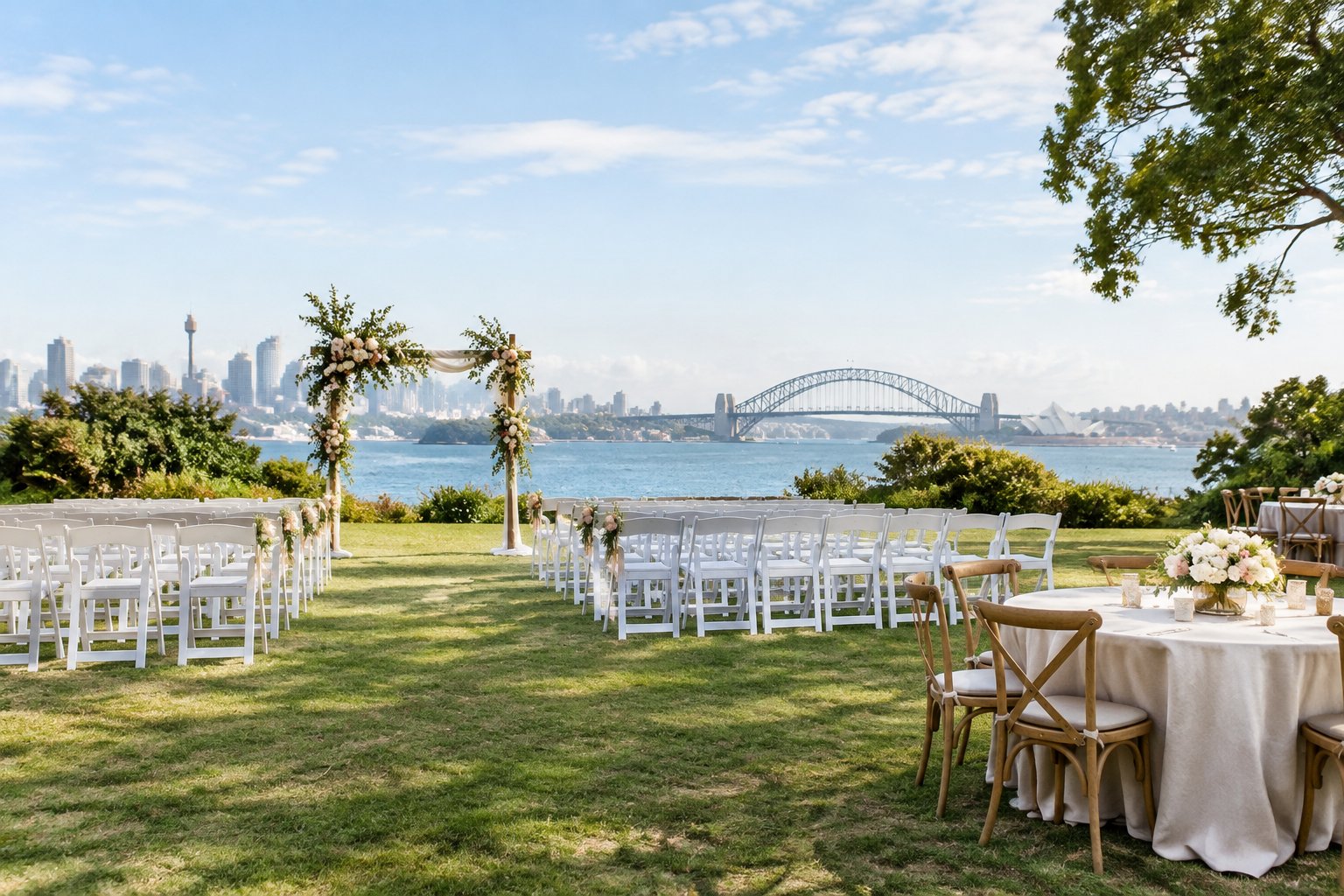 An affordable outdoor wedding venue in Sydney arranged with white chairs, a floral arch, and simple reception tables.