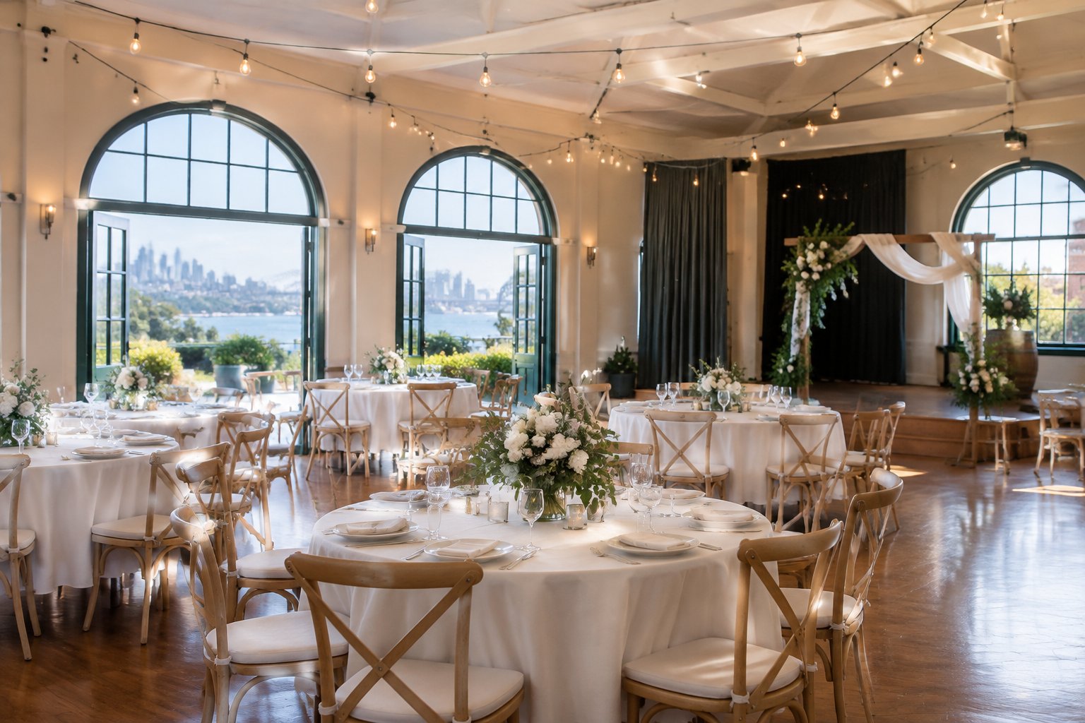 A modestly decorated wedding reception venue in Sydney with simple tables, greenery, flowers, and warm lighting.