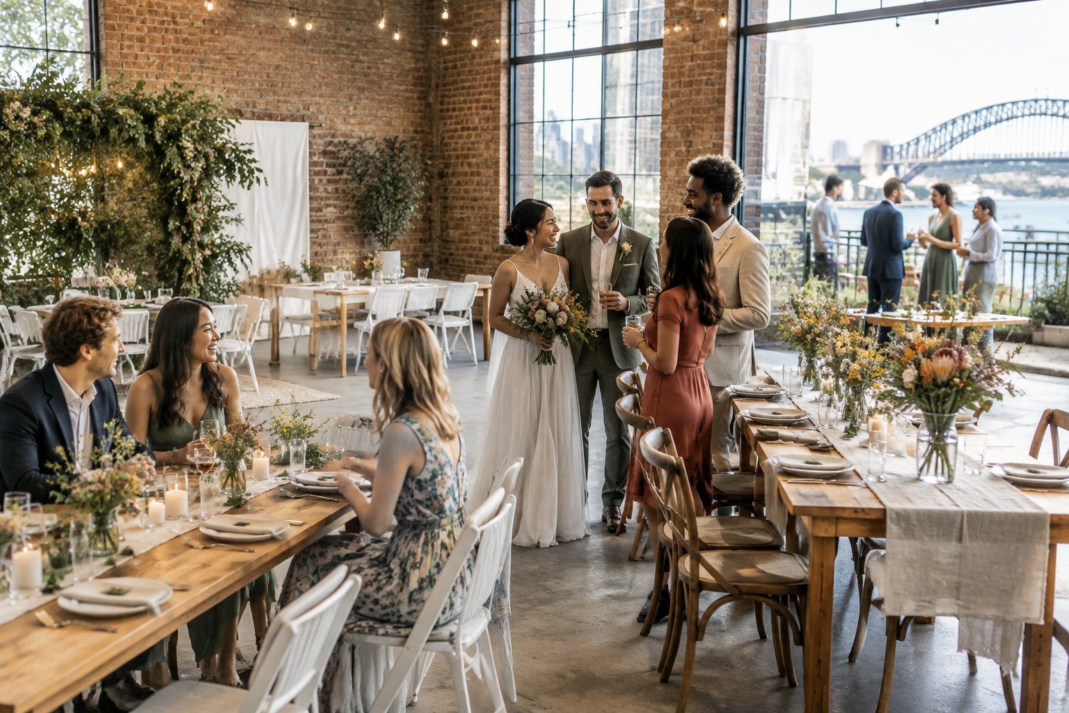 A newlywed couple and guests celebrating in a simple decorated wedding venue.