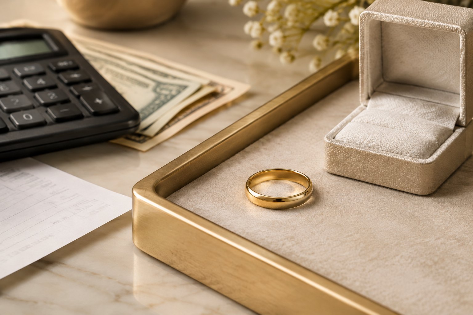 A gold wedding band displayed beside a ring box and budgeting items.