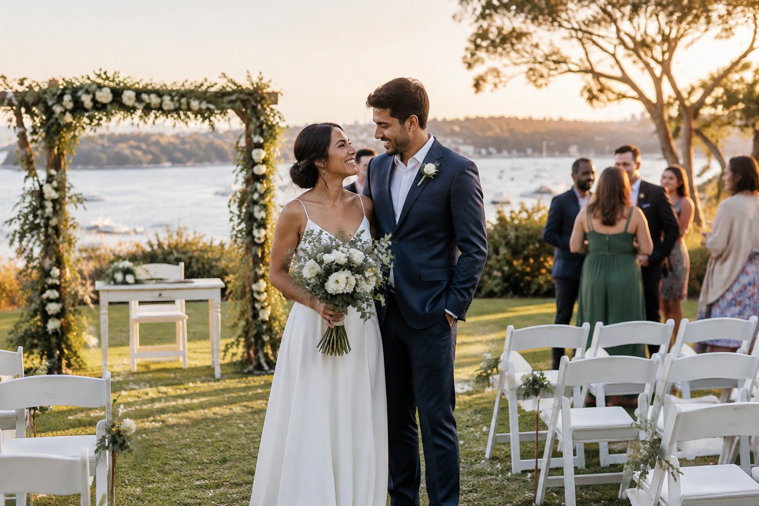 A couple stands beside a simple outdoor wedding ceremony setup in a sunny Sydney garden venue.