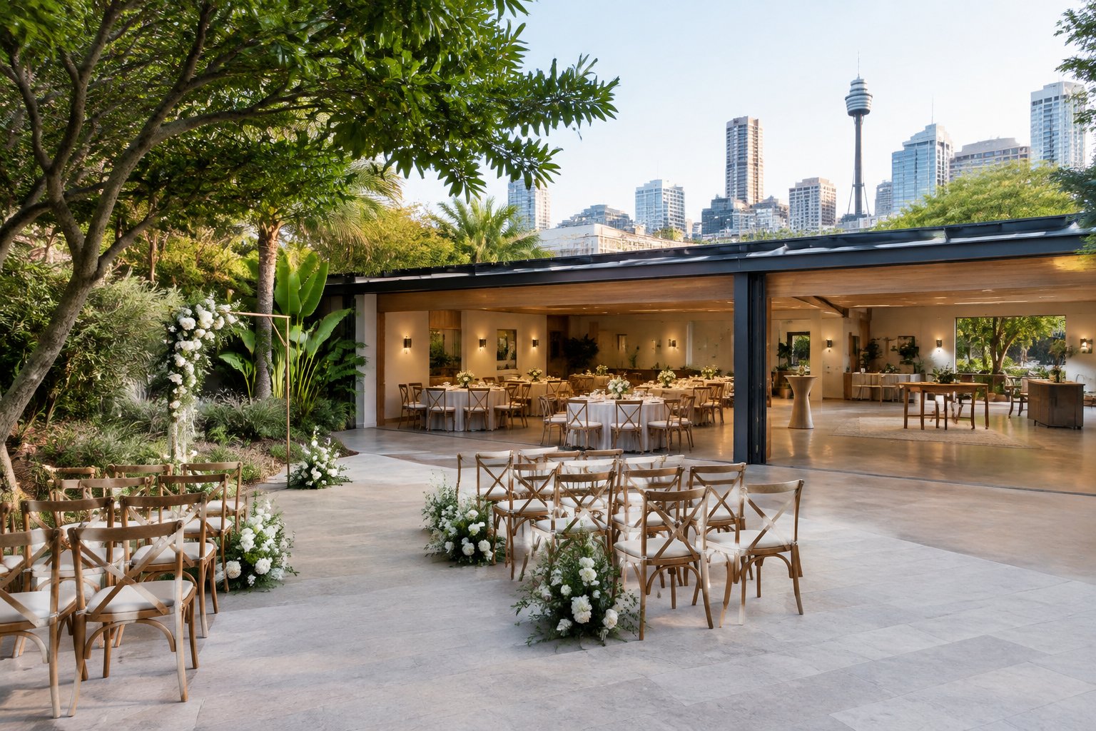An adaptable Sydney wedding venue showing an intimate garden area, a larger reception space, and flexible seating arrangements.