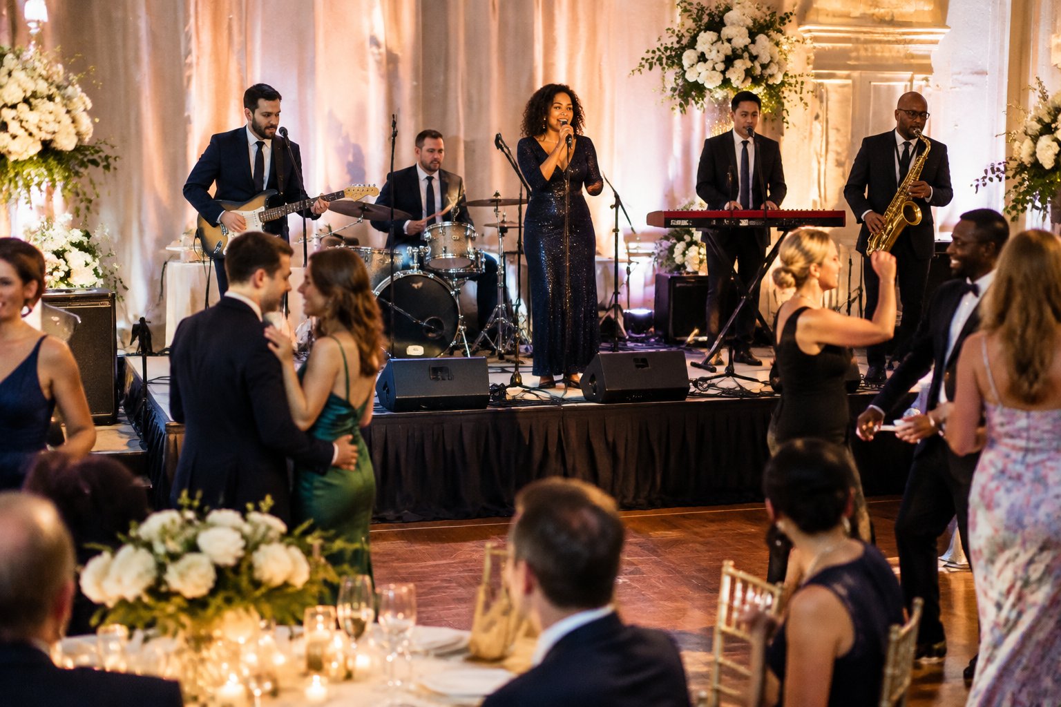 A live wedding band performs for guests at an elegant reception.