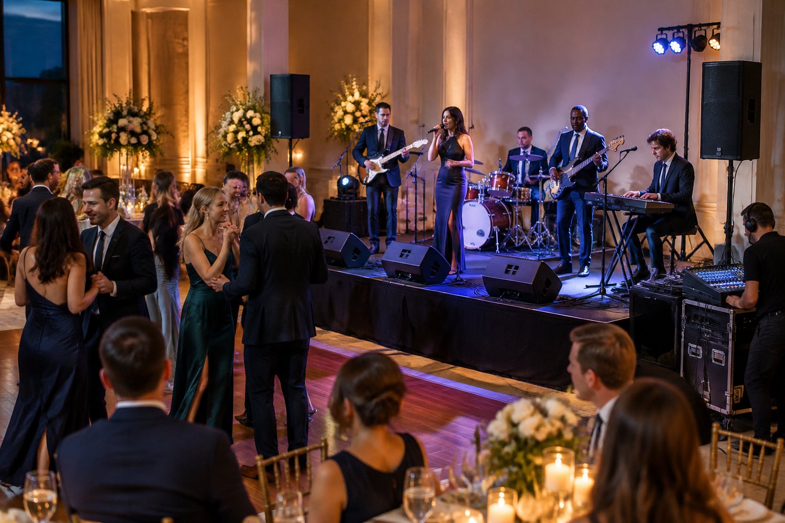 A live wedding band performs while a sound technician manages audio equipment at a reception.