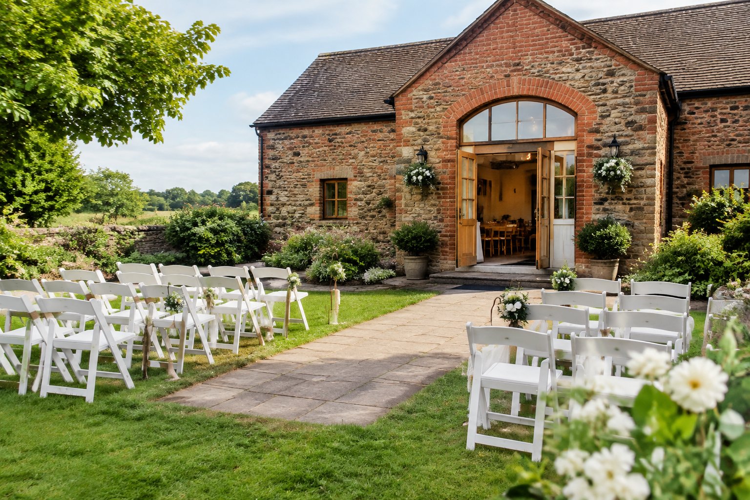 A modest, well-kept wedding venue with simple decorations and garden seating.